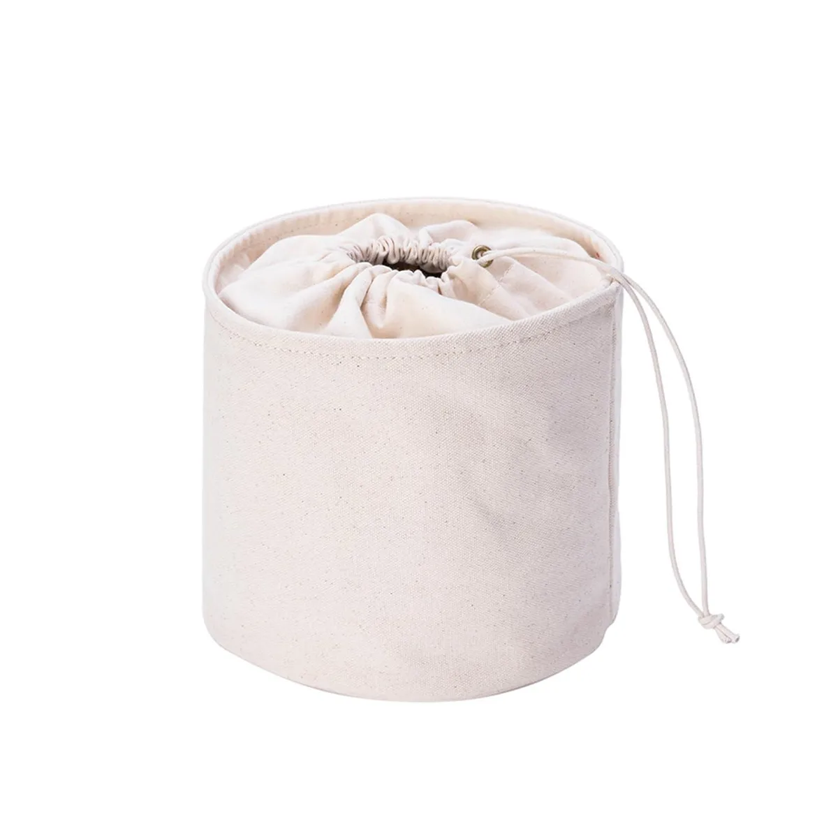 Beige canvas purse organiser insert with drawstring closure, cylindrical shape, multiple pockets visible