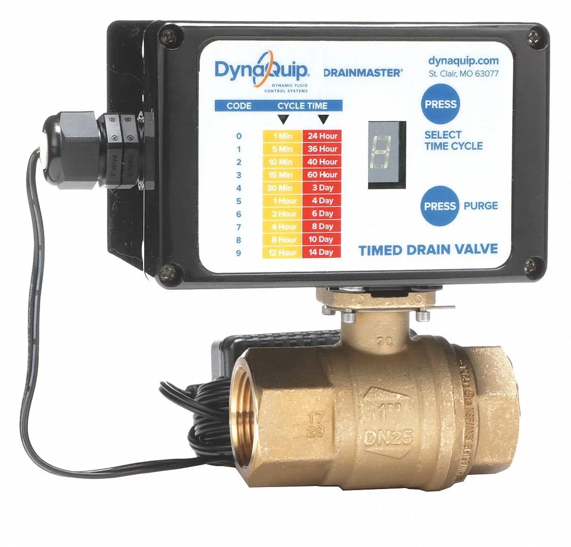 Compact brass auto-drain valve with timer housing and pipe fittings