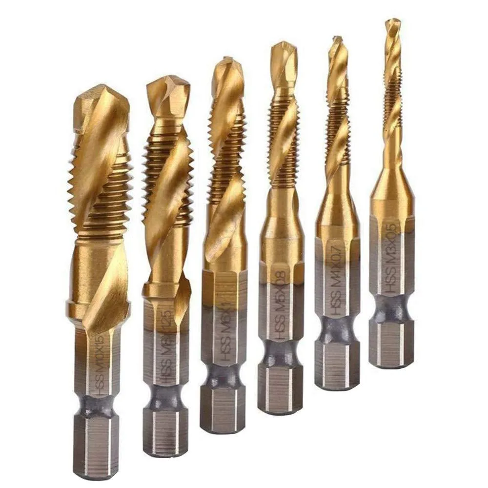 Six titanium-coated hex-shank drill-tap bits in a set