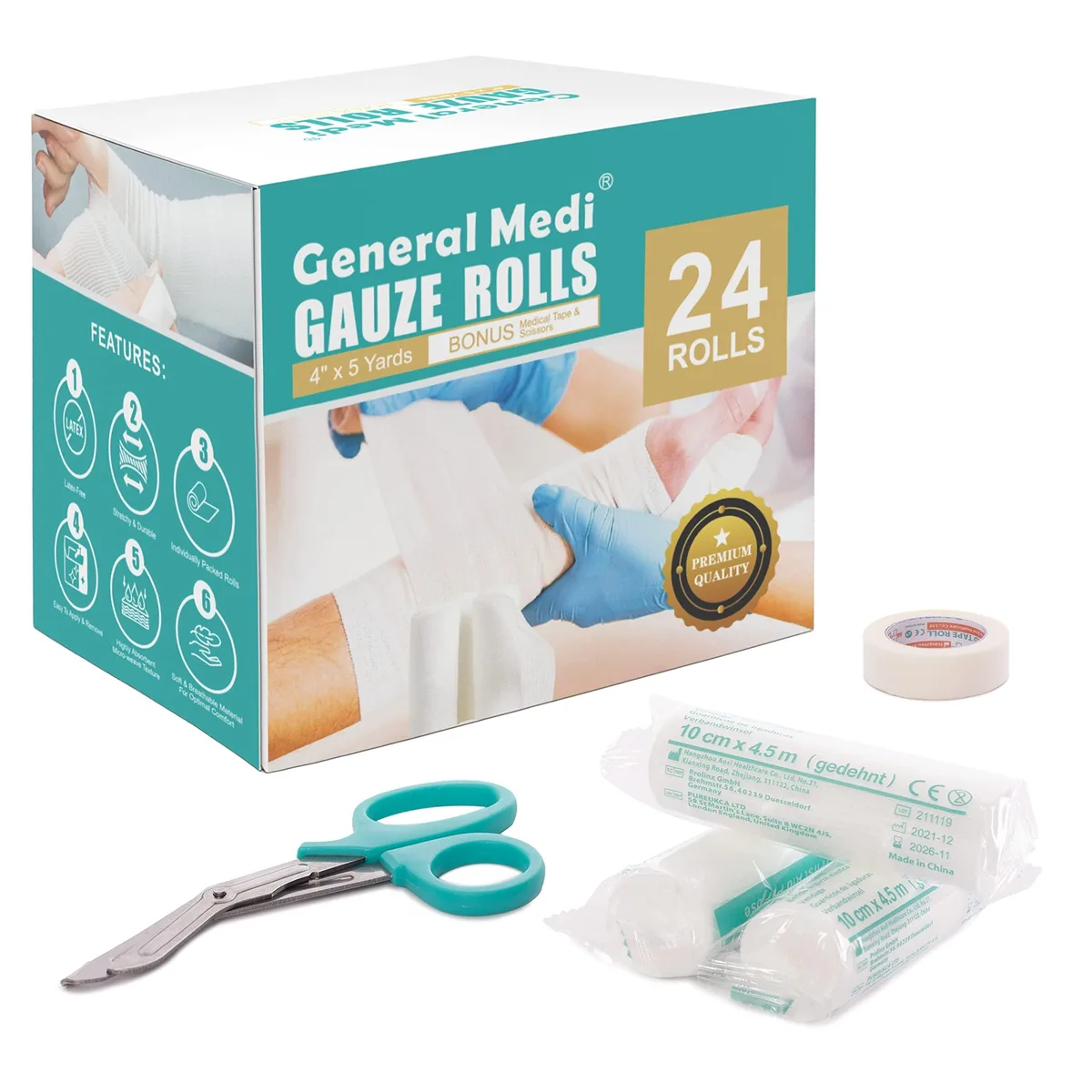 Twenty-four rolled gauze bandages in a rectangular box with bonus tape and scissors