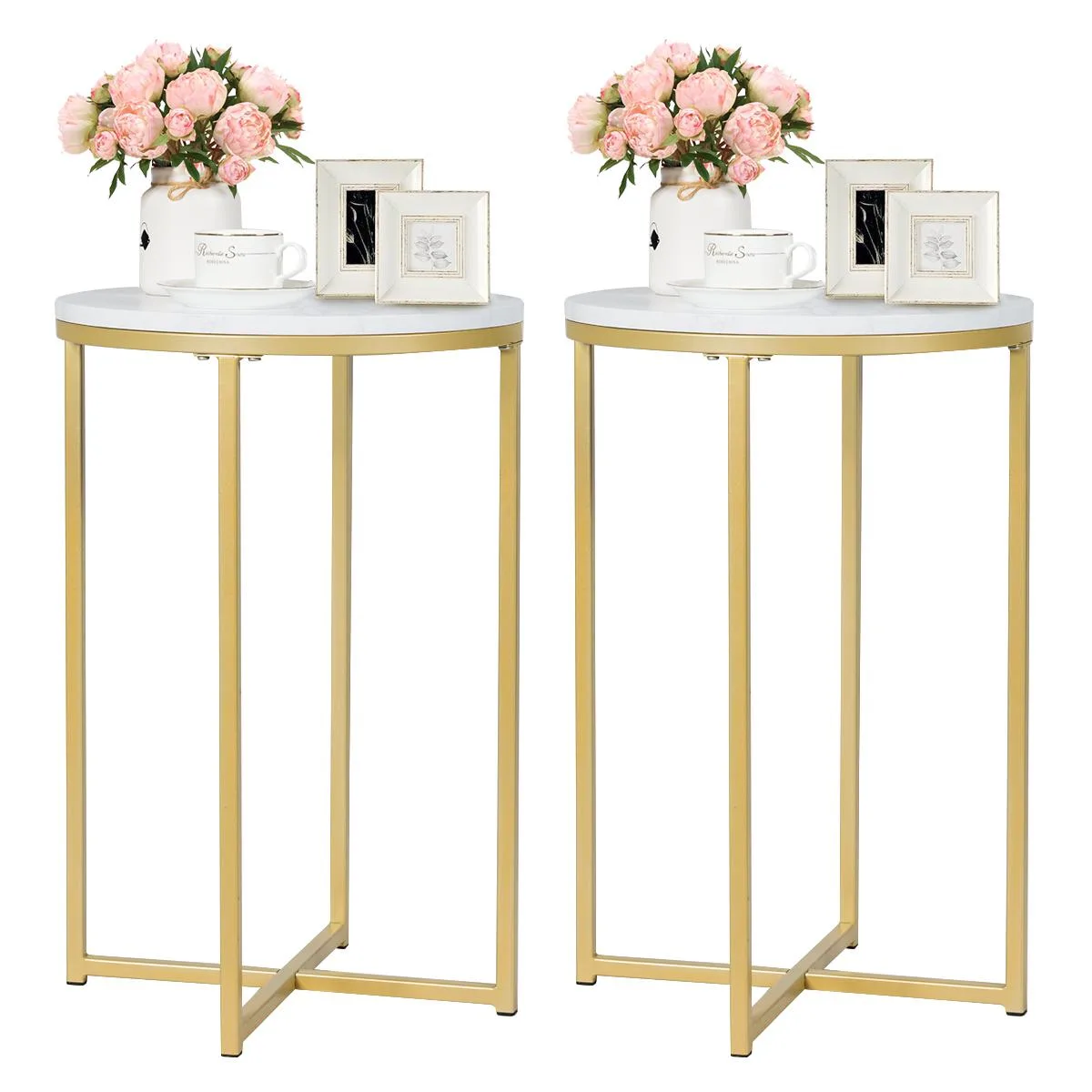 Two white round side tables with faux marble tops and gold metal frames