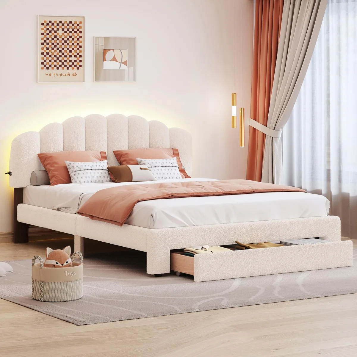 Beige upholstered platform bed with striped headboard and storage drawer