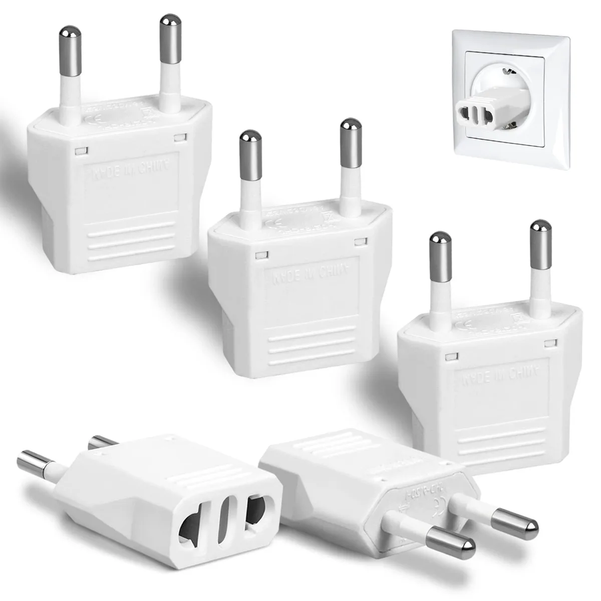 Six white compact Type C plug adapters with two round pins, ABS plastic body