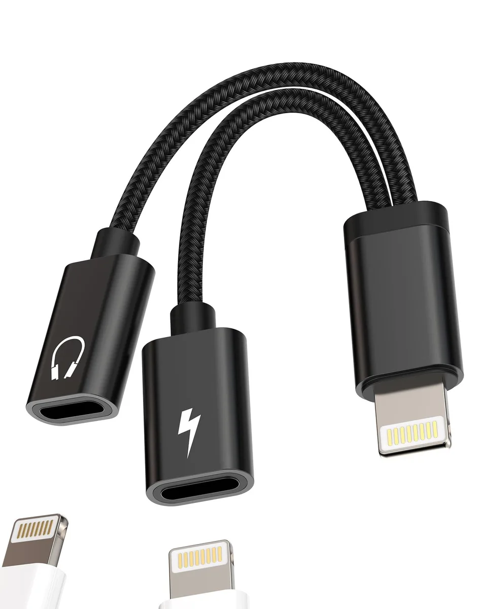 Black 2-in-1 Lightning audio and charging adapter with two ports