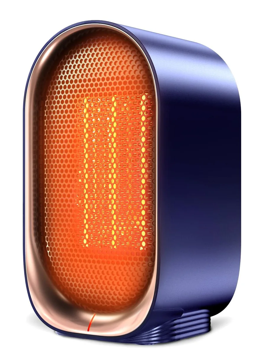 Compact blue ceramic desk heater with carry handle
