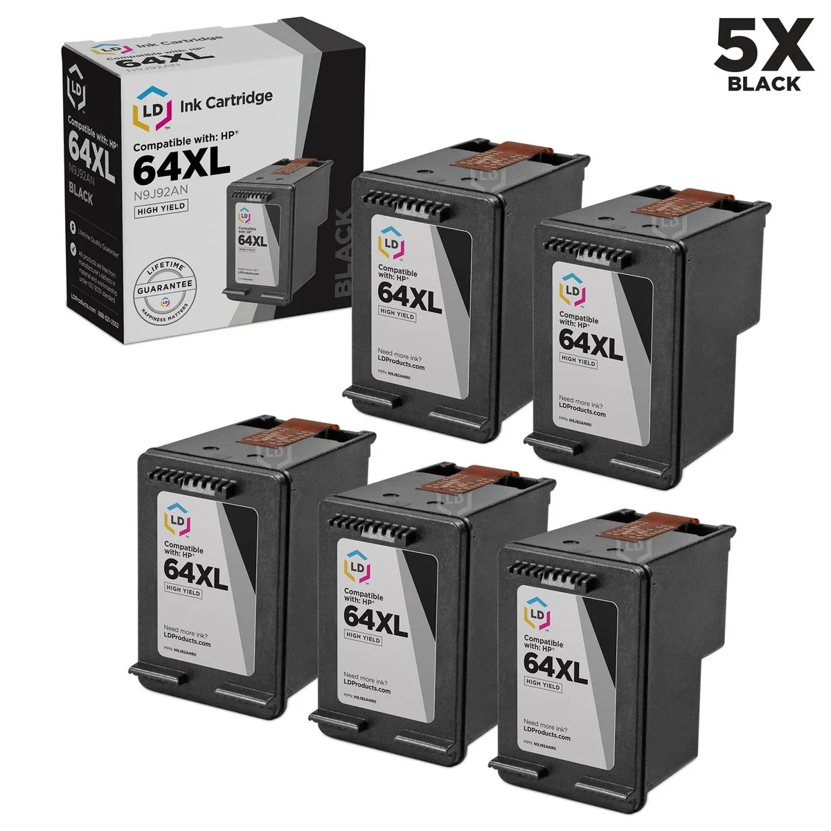 LD Products LD Products HP 64XL N9J92AN 5-pack black ink cartridges — product photo