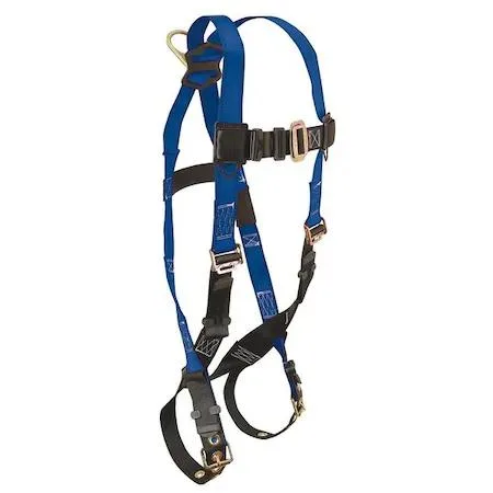 Black and blue polyester full-body safety harness with steel D-ring
