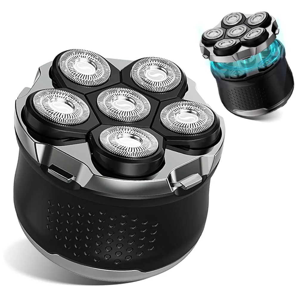 Black rotary shaver with six floating heads and LED display