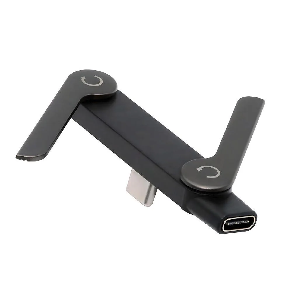 Compact USB-C power adapter with foldable metal stand and 90-degree angled connector