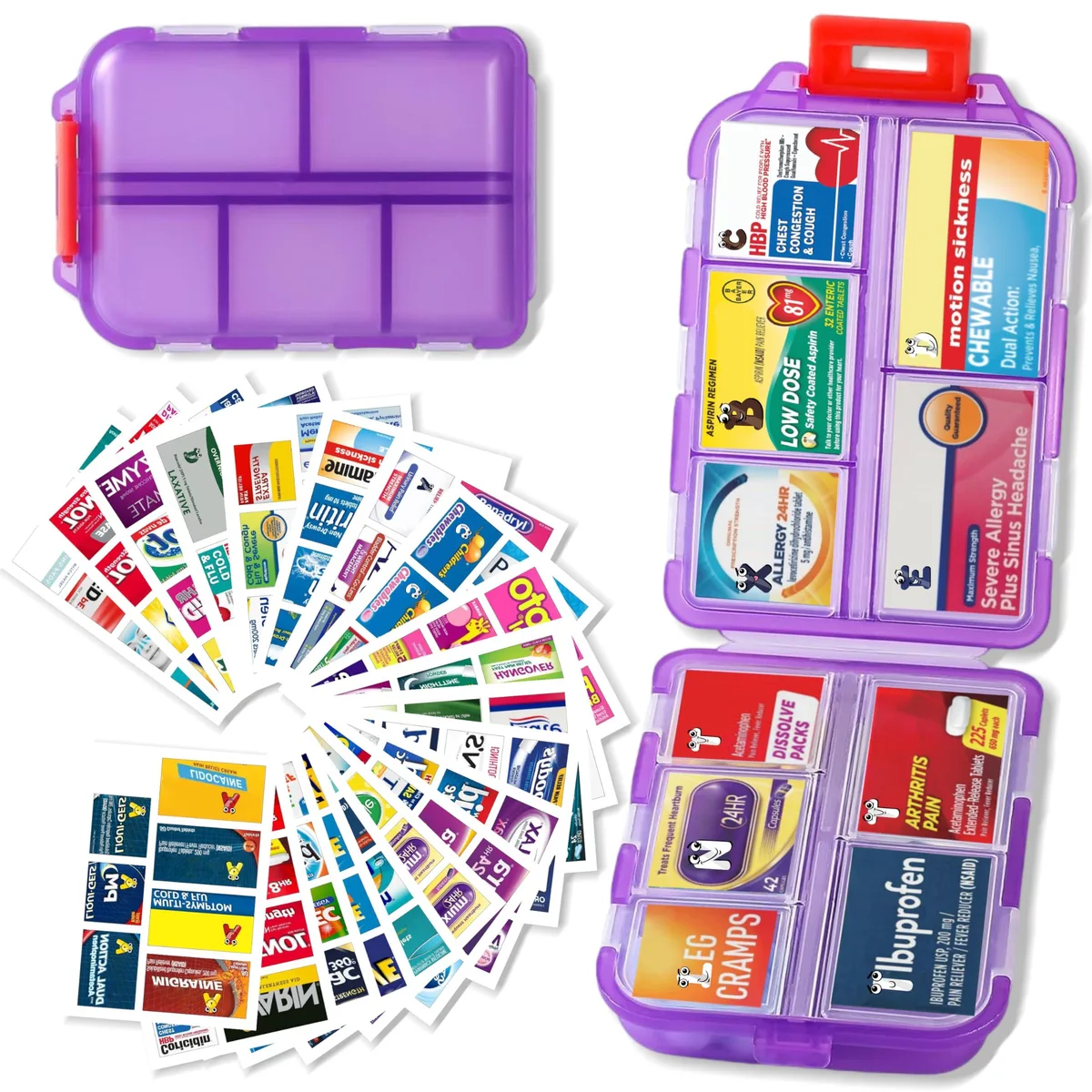 Purple plastic pill case with ten compartments and labels
