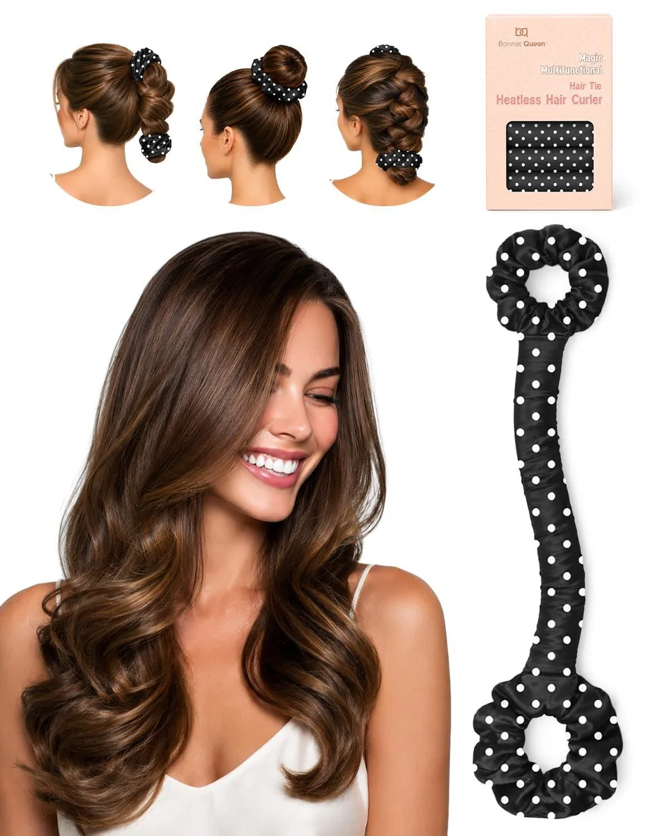 White satin heatless curling rod with attached scrunchie hair tie