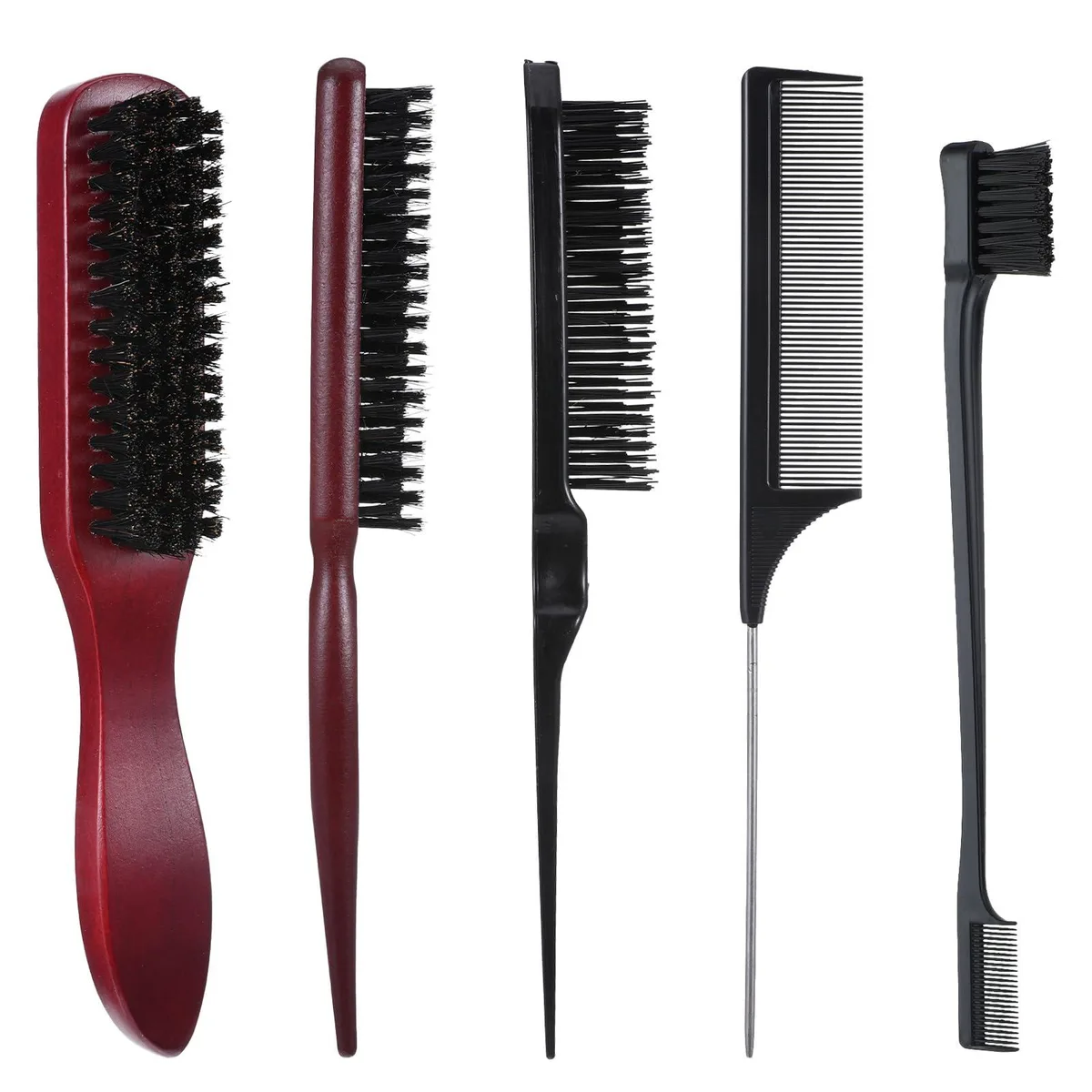 Five-piece hair brush set with boar bristles and smooth edge control combs in black and brown