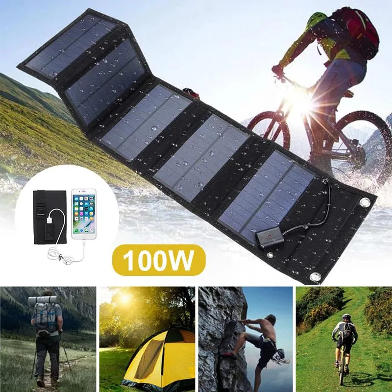 Folded black monocrystalline solar panel with fabric casing and USB ports covered by flaps