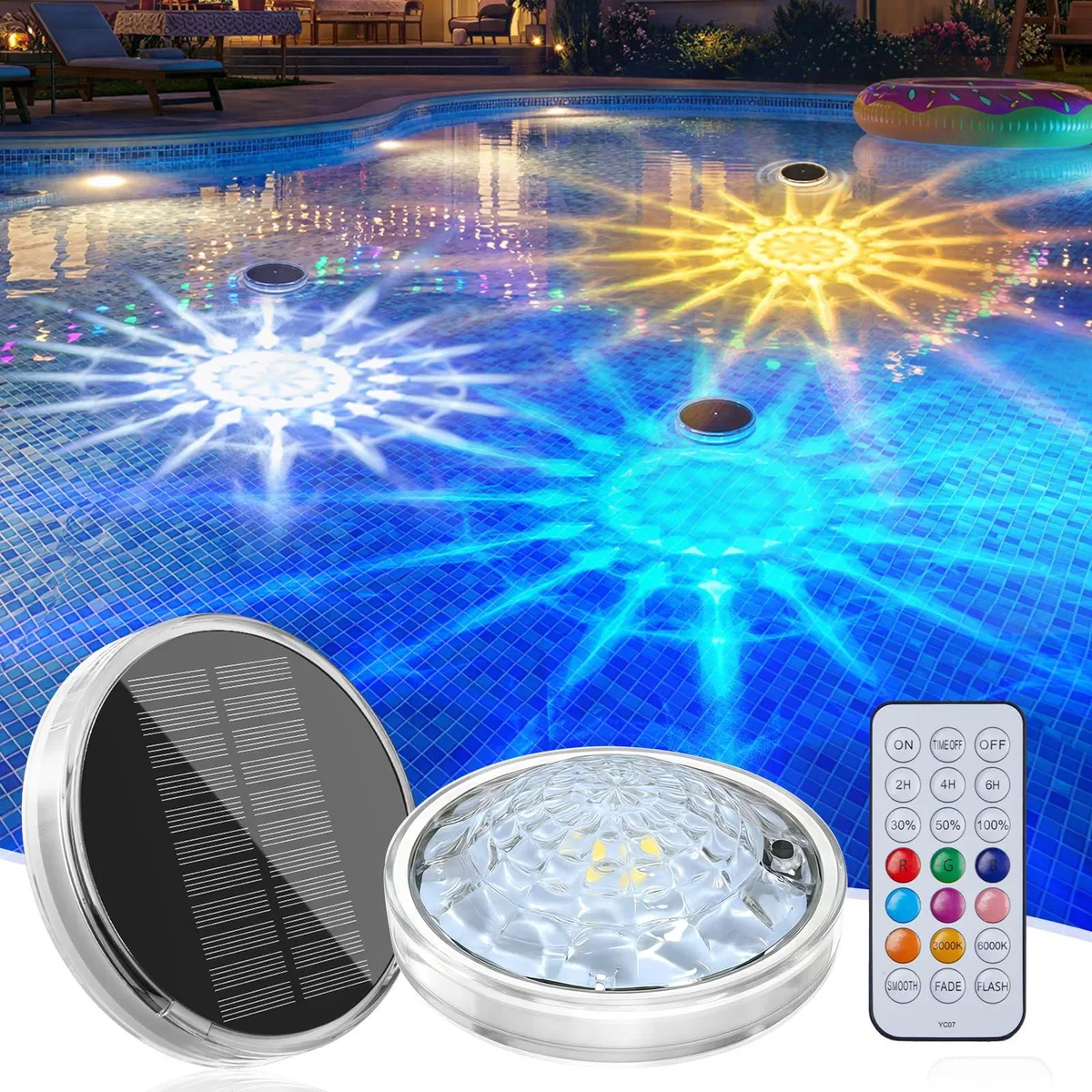 White spherical floating light with clear prismatic surface and remote control