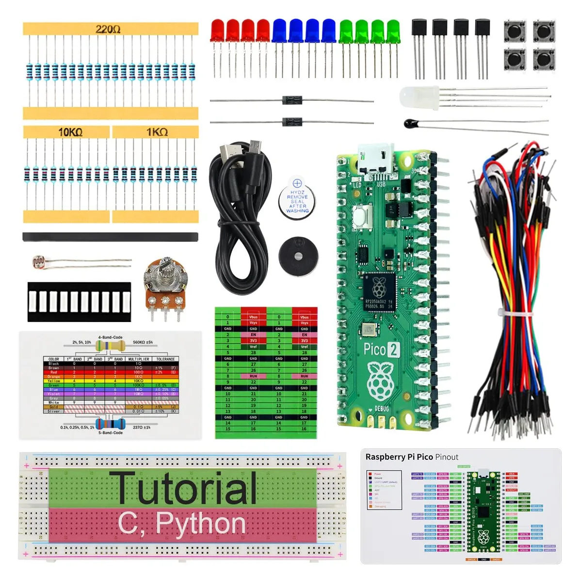 Cardboard box containing Raspberry Pi Pico 2 board, electronic components, sensors, wires and tutorial documentation