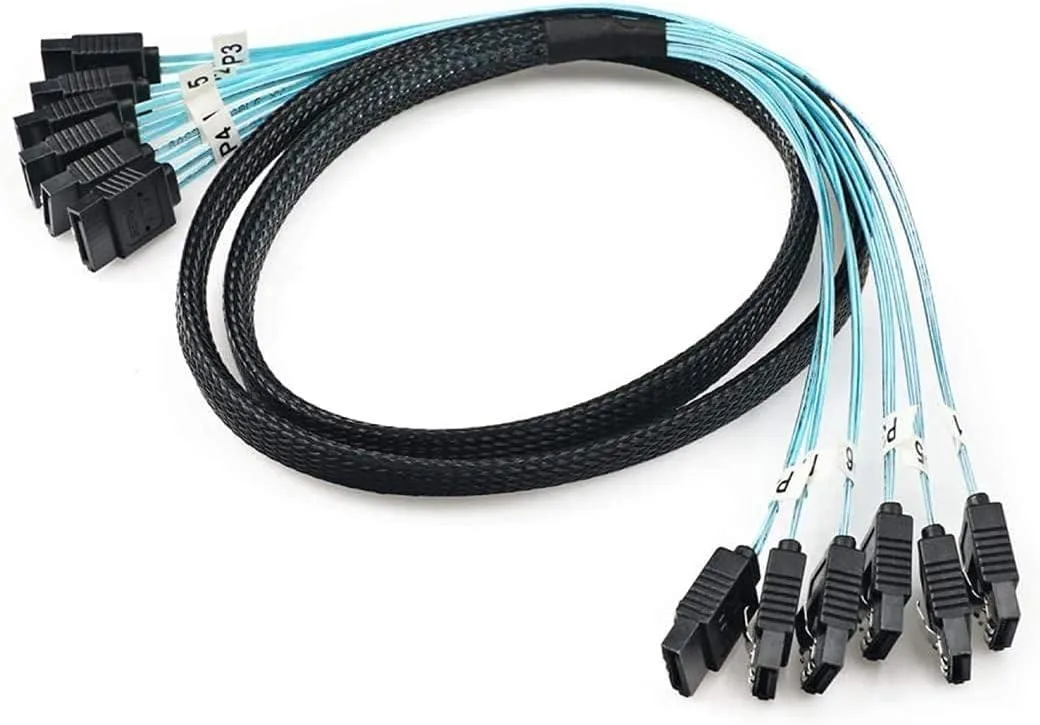 Six blue or silver braided SATA SAS cables, 0.5m each