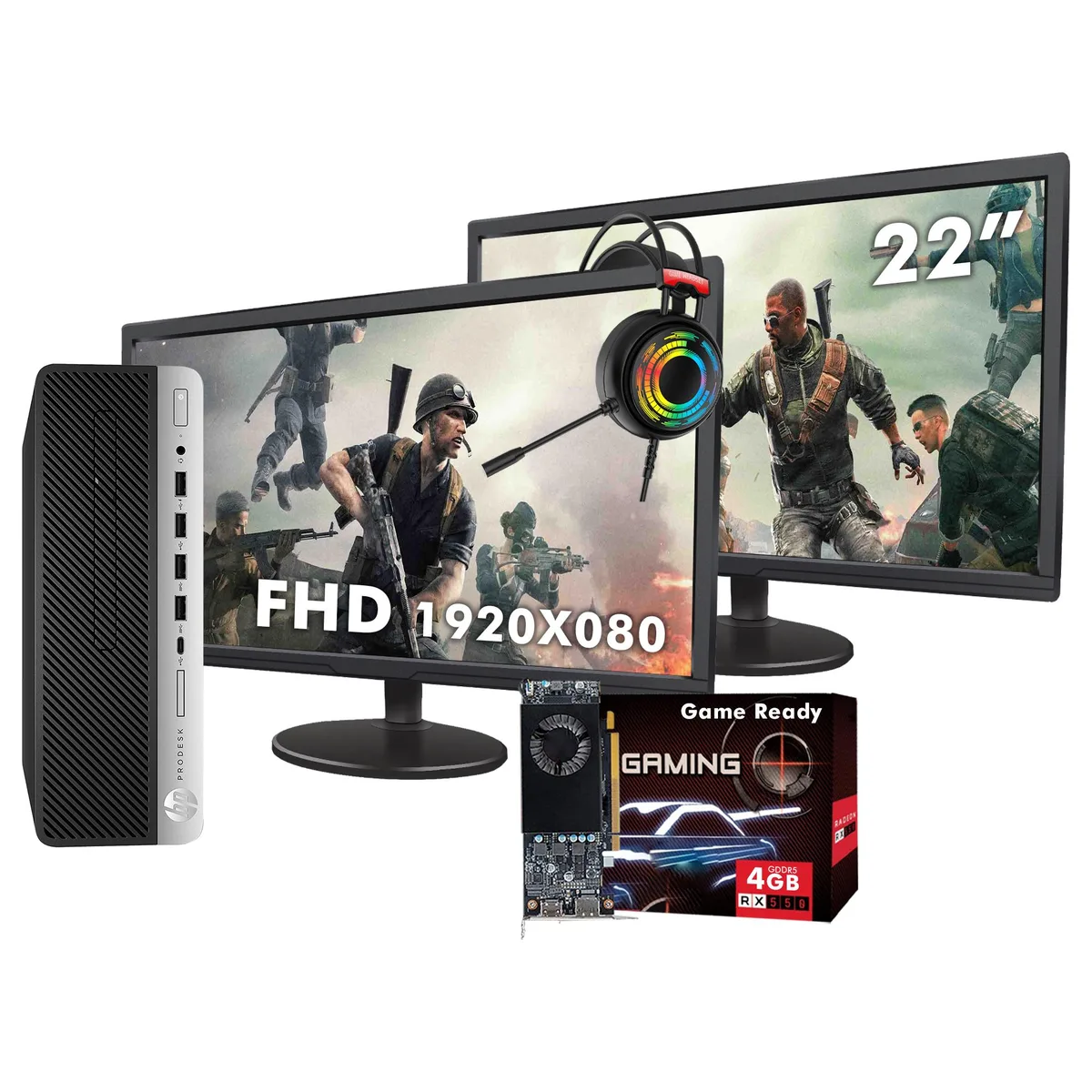 HP HP ProDesk 600 G3 SFF desktop PC i7-6700 16GB 1TB RX 550 dual 22" monitor — product photo