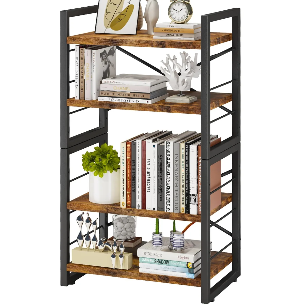 Rustic four-tier wood and metal bookshelf, 17.32 by 13.38 by 6.3 inches