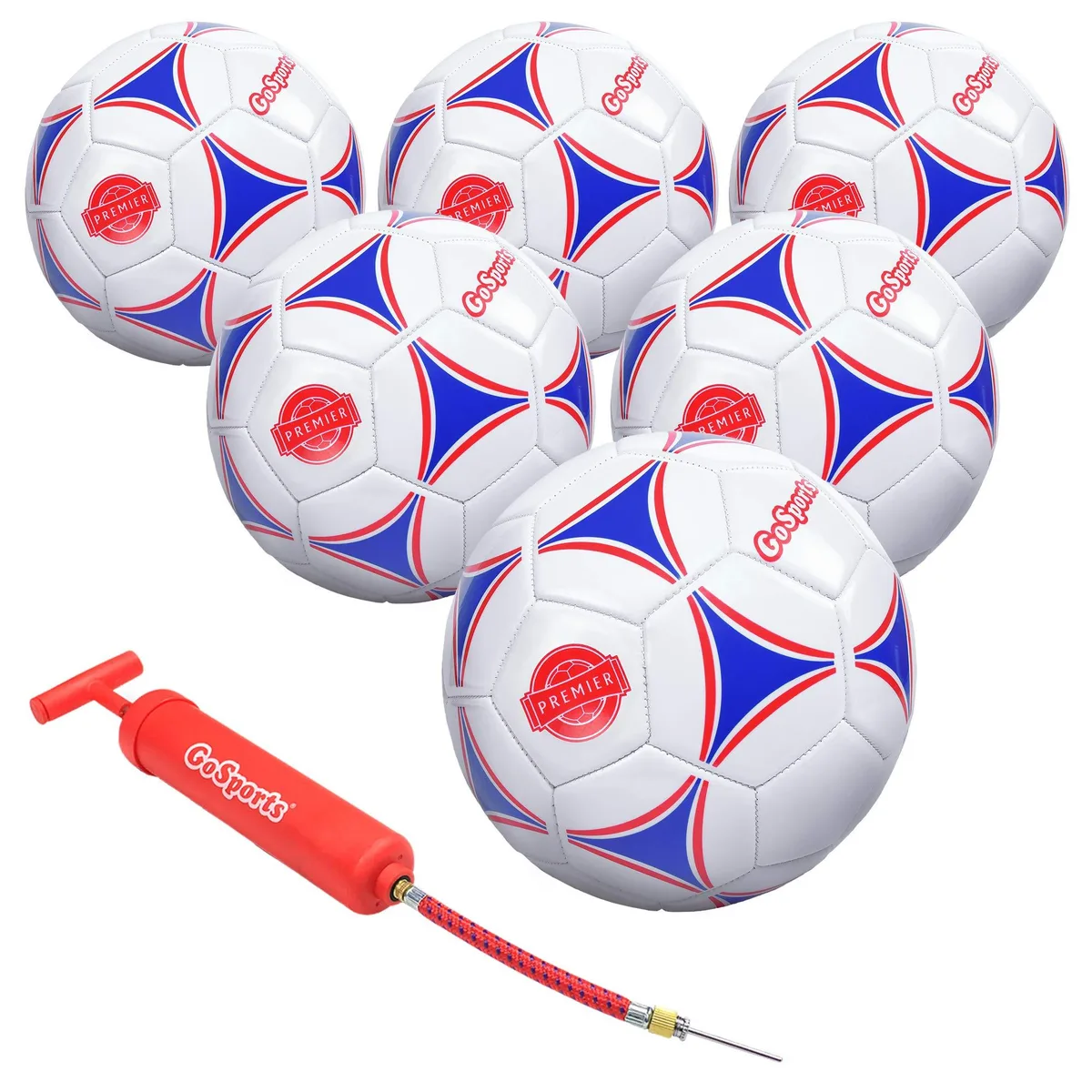 Six multicolour size-5 soccer balls with synthetic leather panels, pump and mesh bag