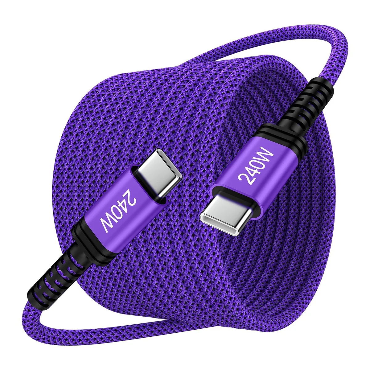 Purple USB-C to USB-C cable, six-foot length, coiled form factor