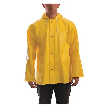 Yellow PVC rain jacket with attached hood, snap front and storm flap, hip length 31 in, 26 mil thick