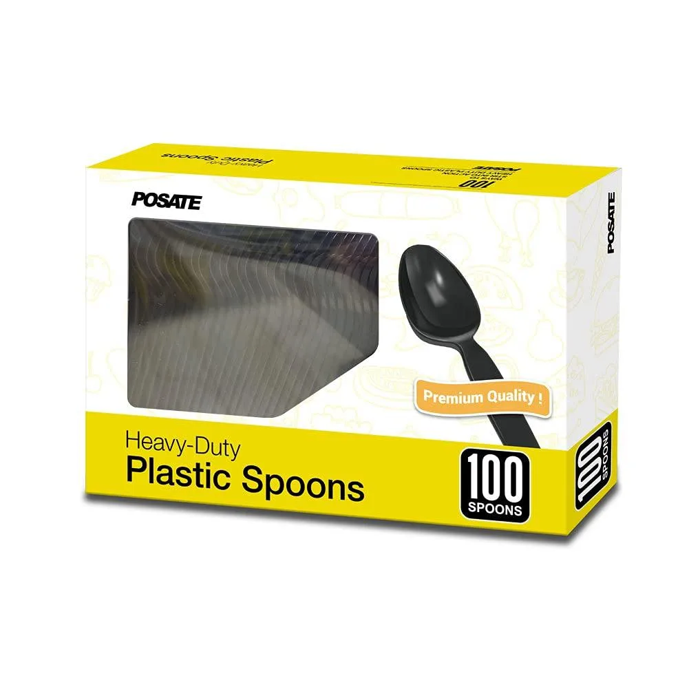 A box of 100 black heavyweight plastic spoons with long handles