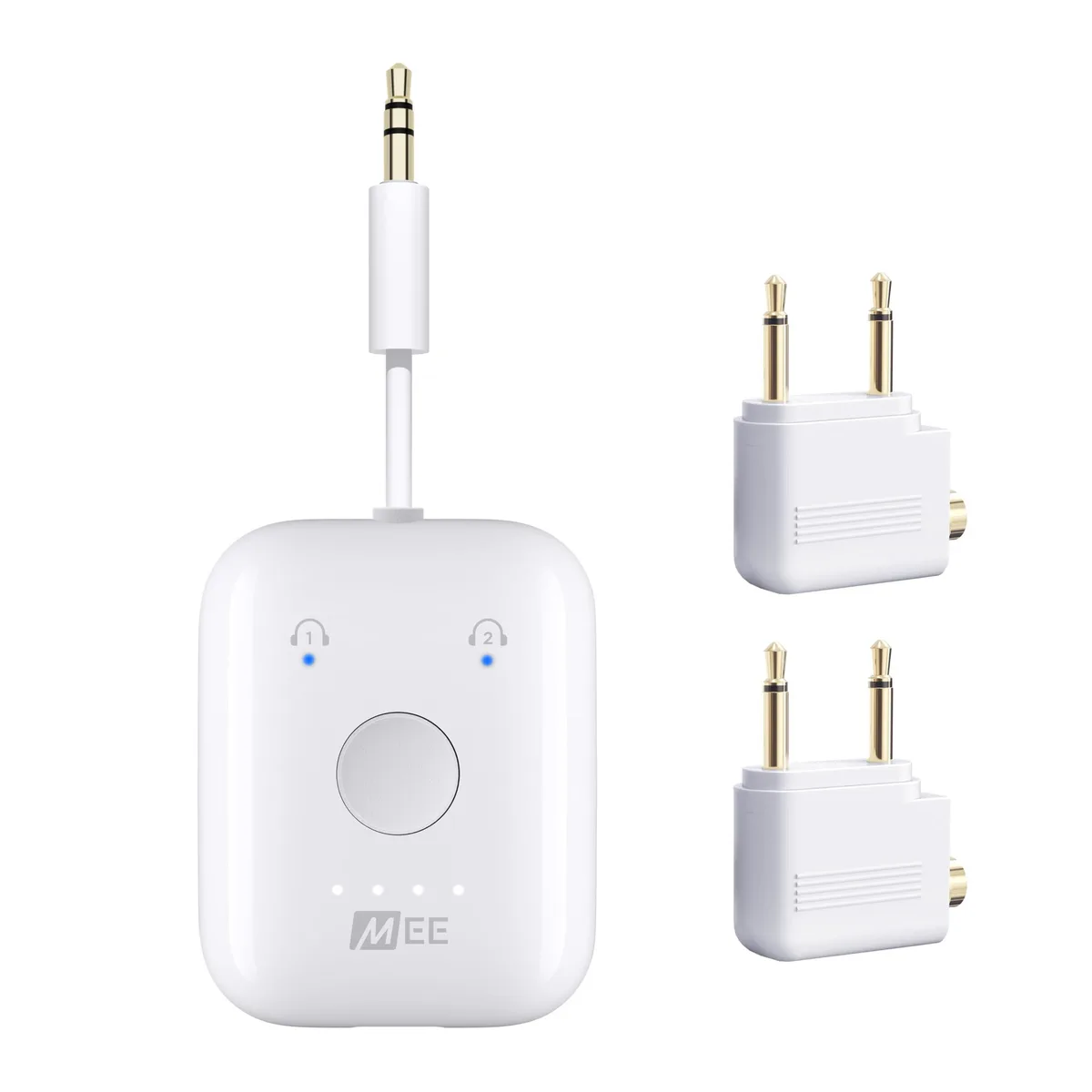 Small white Bluetooth transmitter with dual 3.5mm airplane adapters