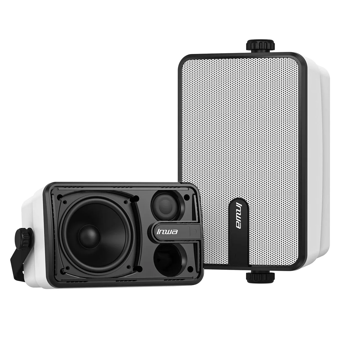 Two black ABS outdoor speakers with 6.5 inch drivers and mesh grilles