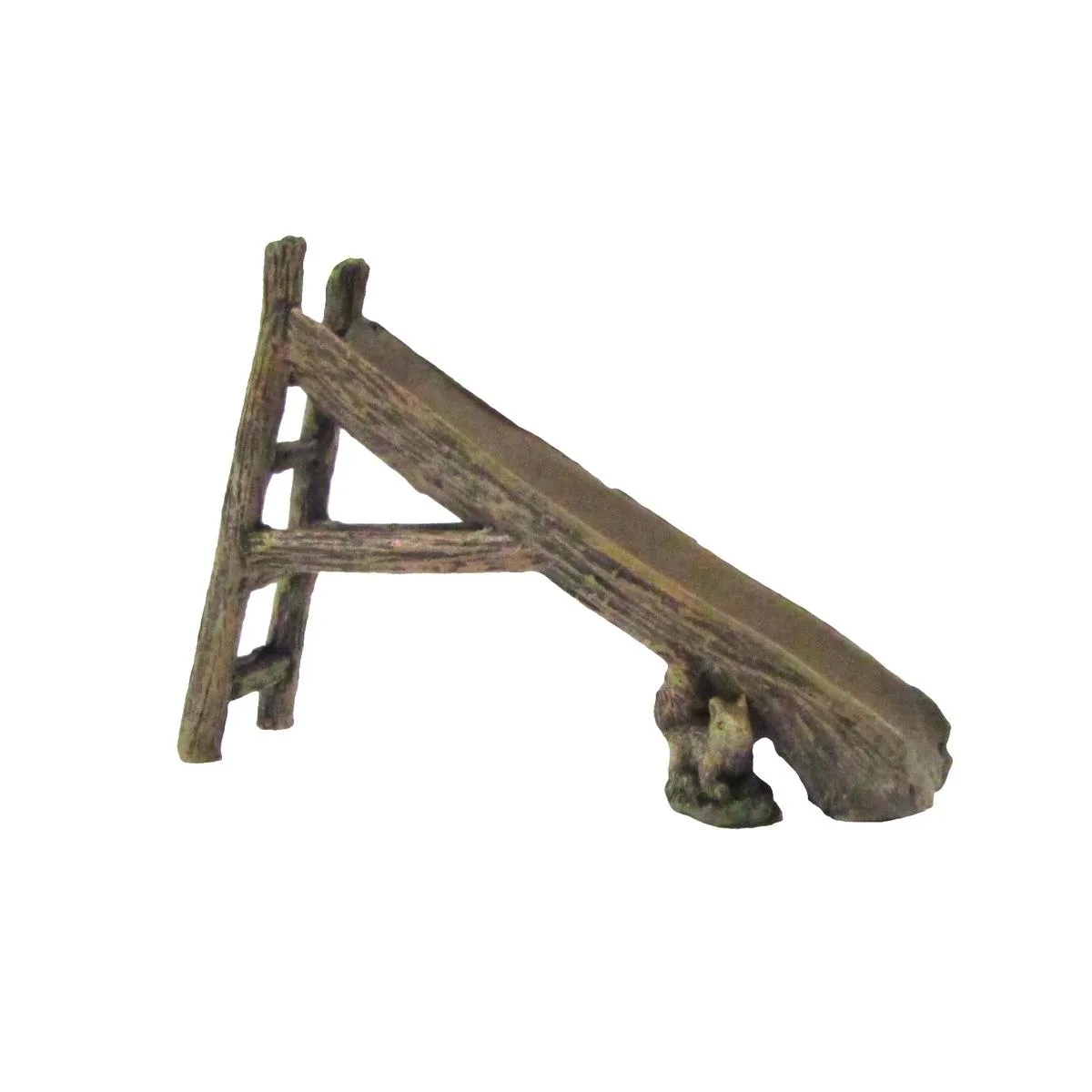Miniature weathered wood log slide with ladder, rustic garden accessory
