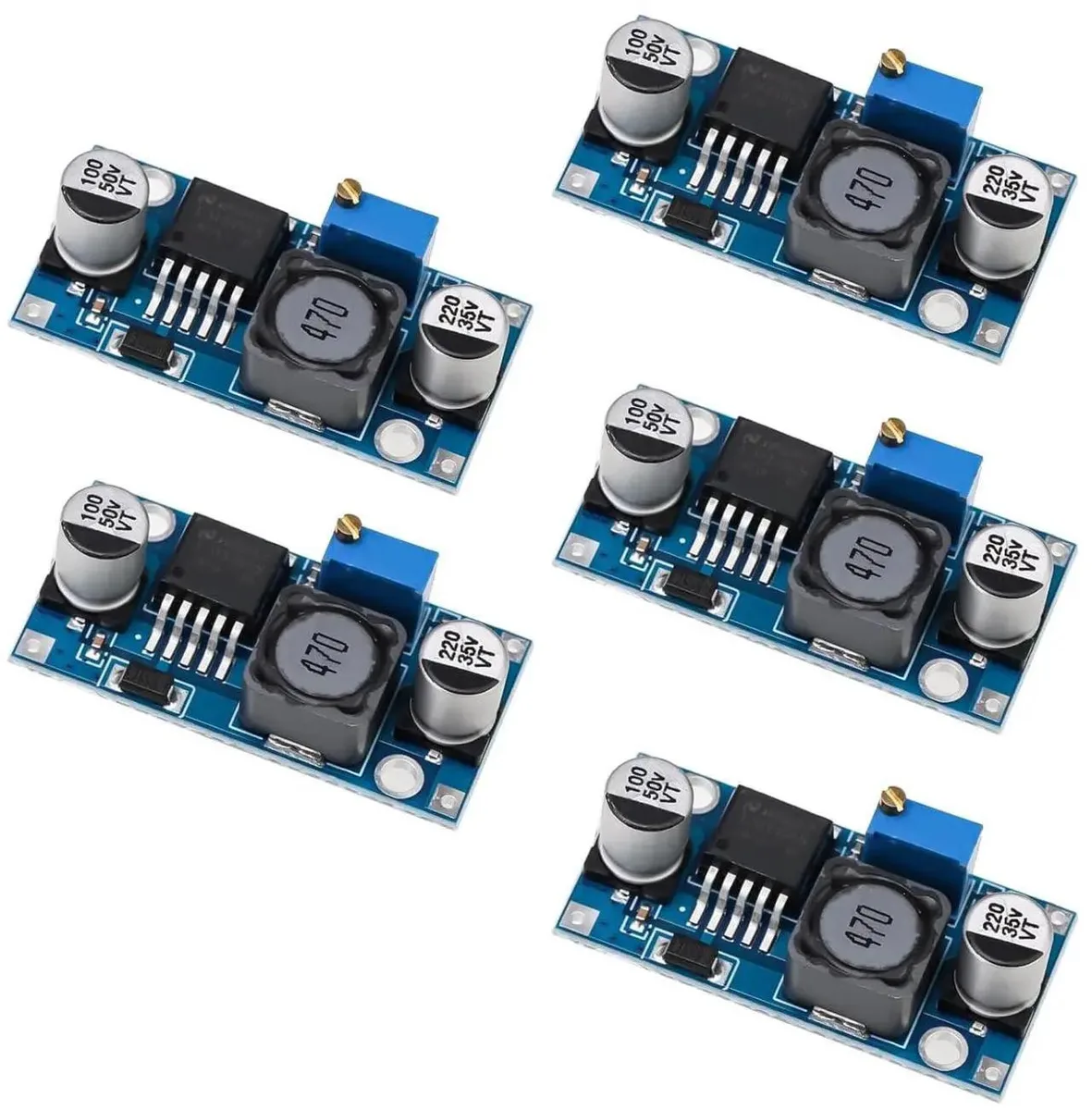 Five small green circuit boards with blue adjustment knobs, 43 by 21 by 14 mm