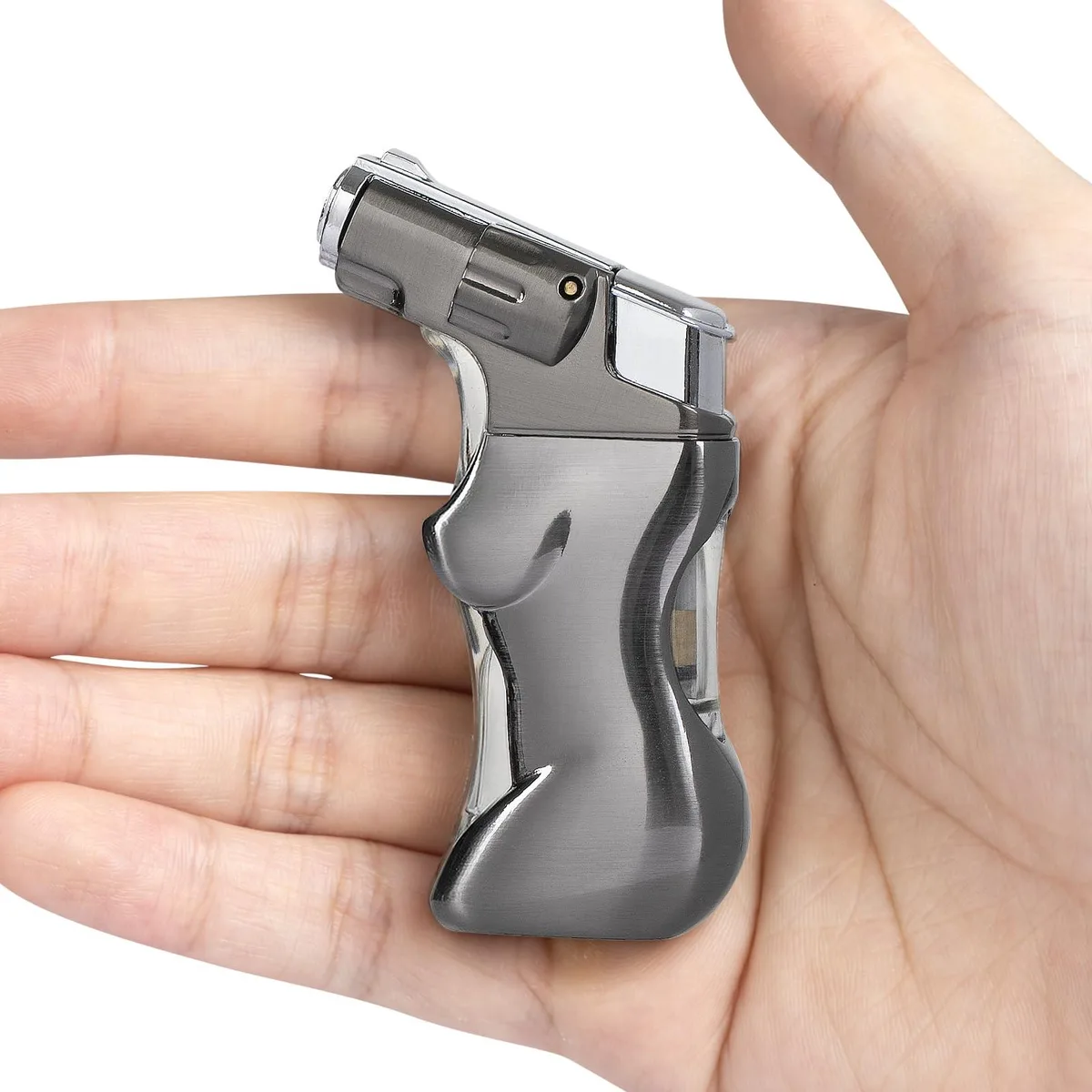 Compact silver torch lighter with blue LED window, 3.15in