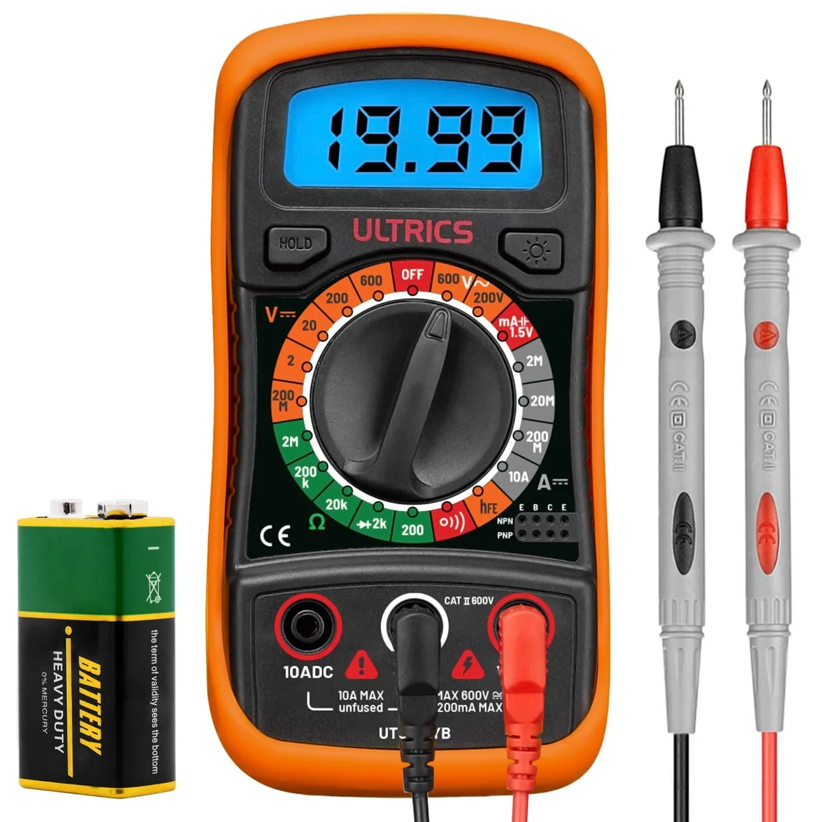 Yellow digital multimeter with rubber case, backlit LCD, test leads and fold-out stand