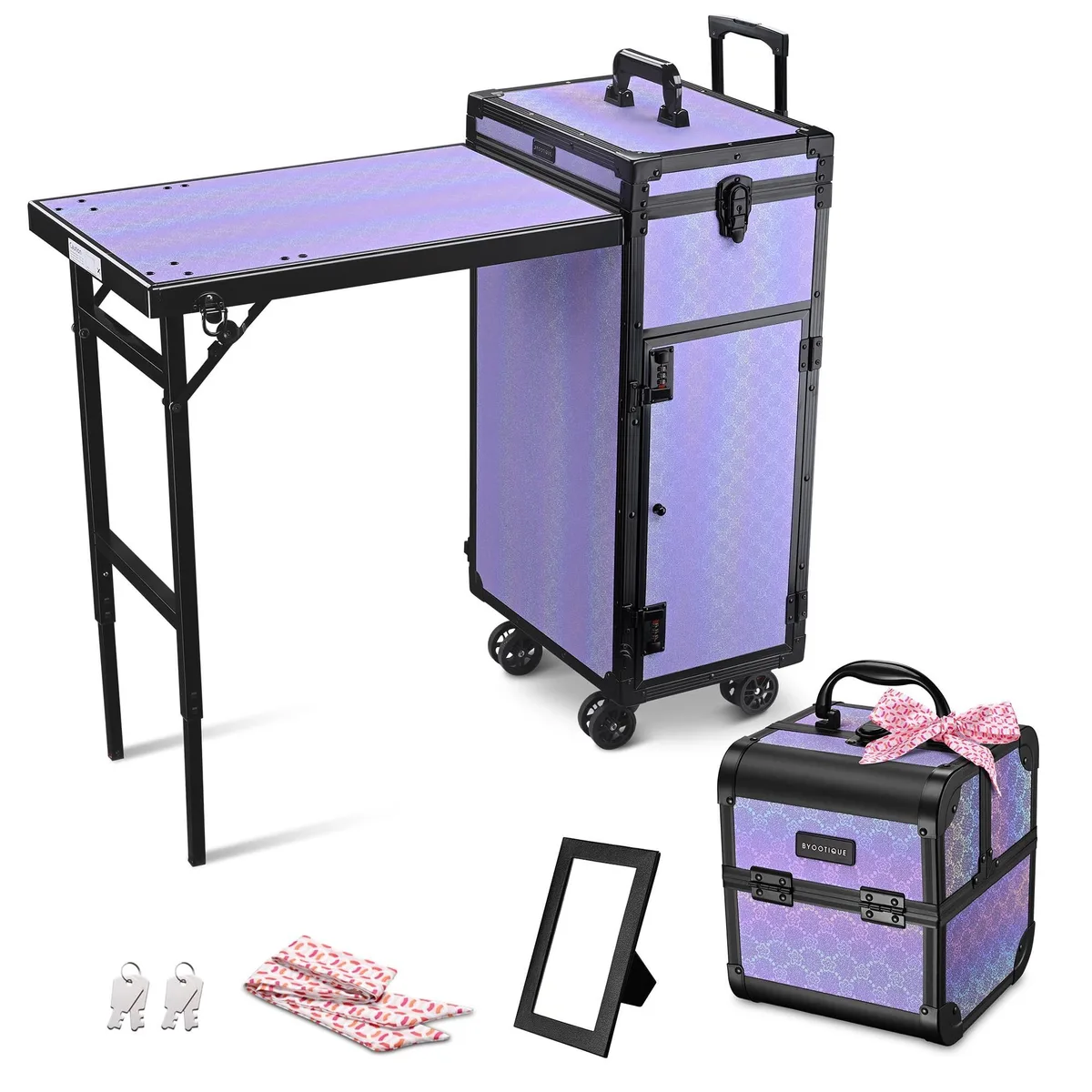 Byootique Byootique 12MKCSET-2728-FMN05 Portable Rolling Nail Table Kit with Makeup Train Case — product photo