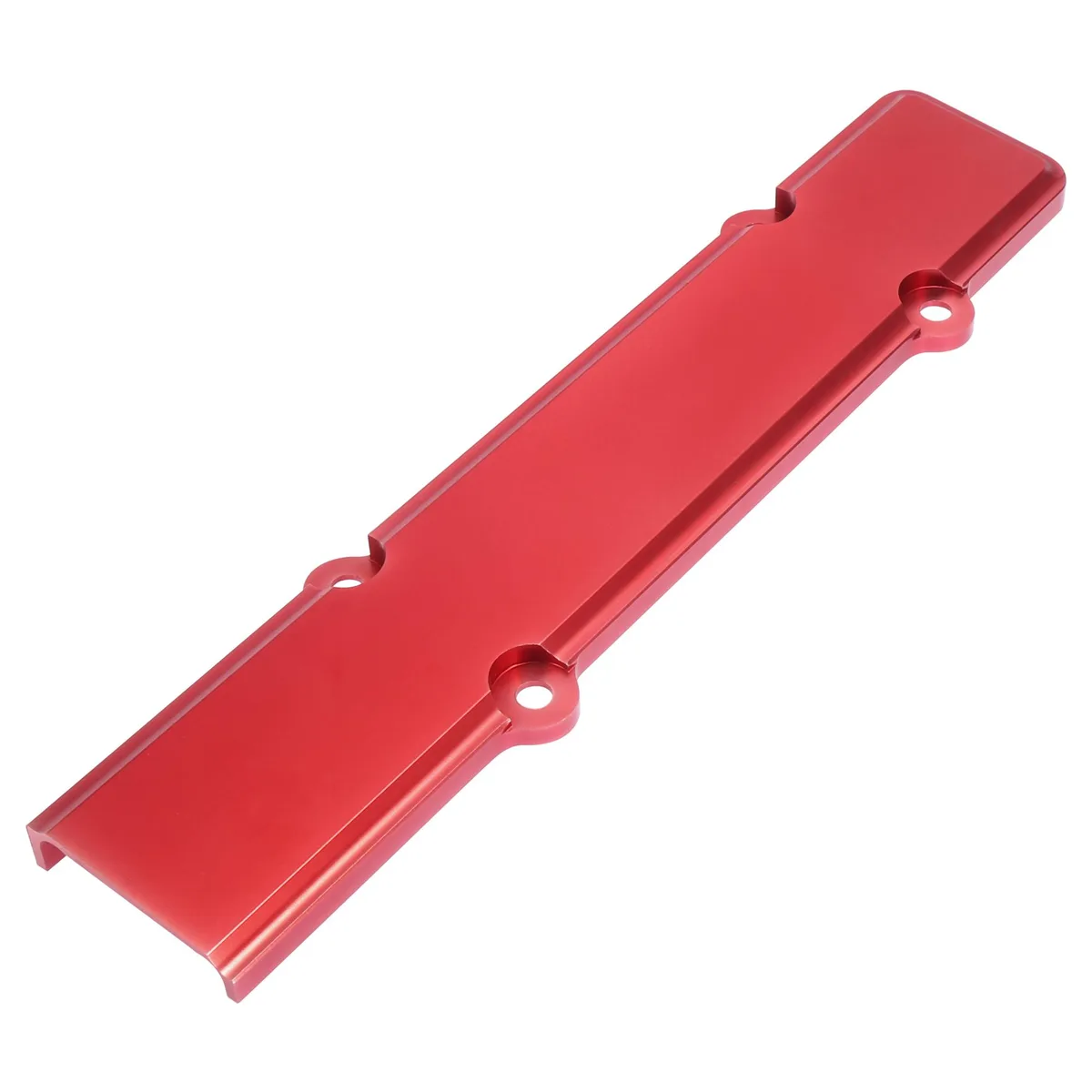 Red aluminum valve cover, rectangular with bolt holes, 36 by 8.2 by 1.8 cm