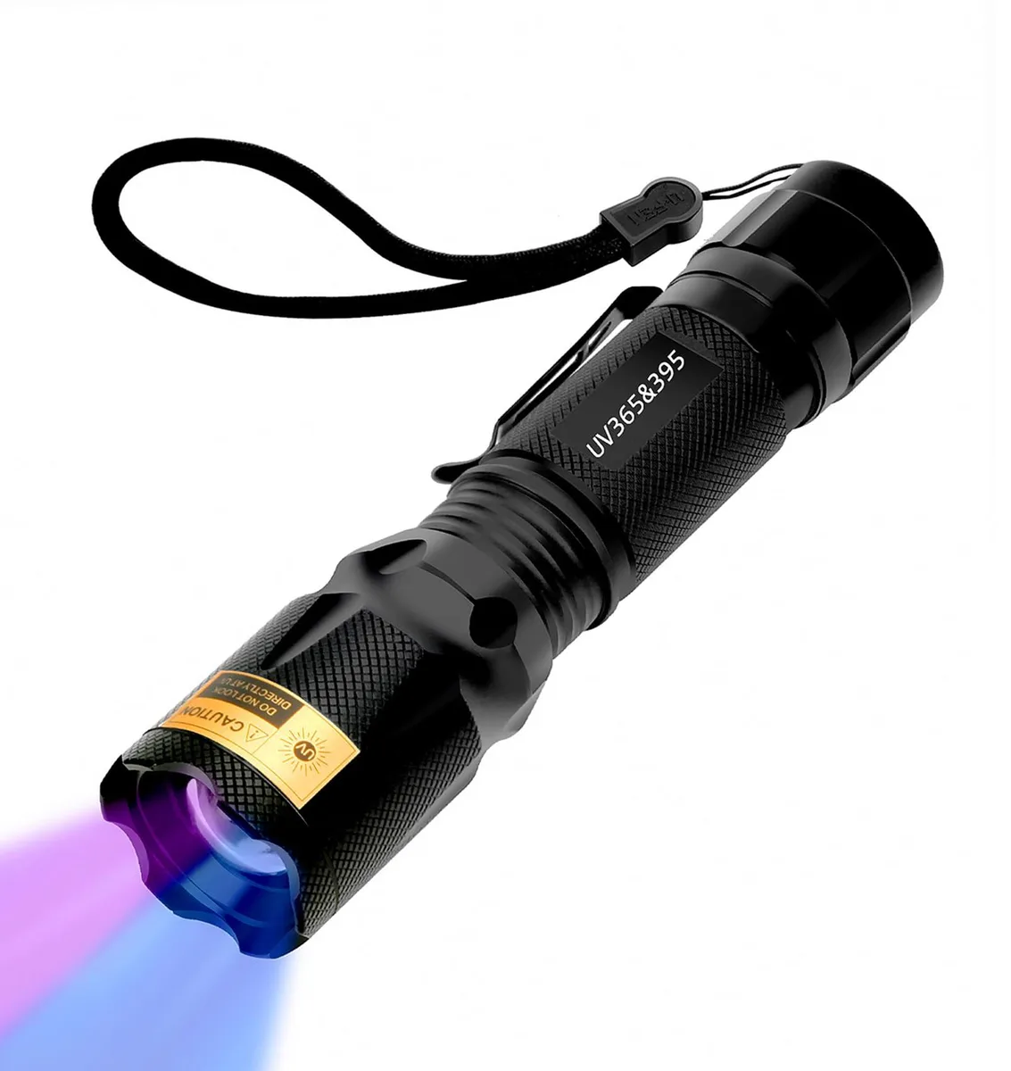 Cylindrical aluminium UV torch, 141 g, dual 365 nm and 395 nm LEDs, adjustable focus, pocket clip