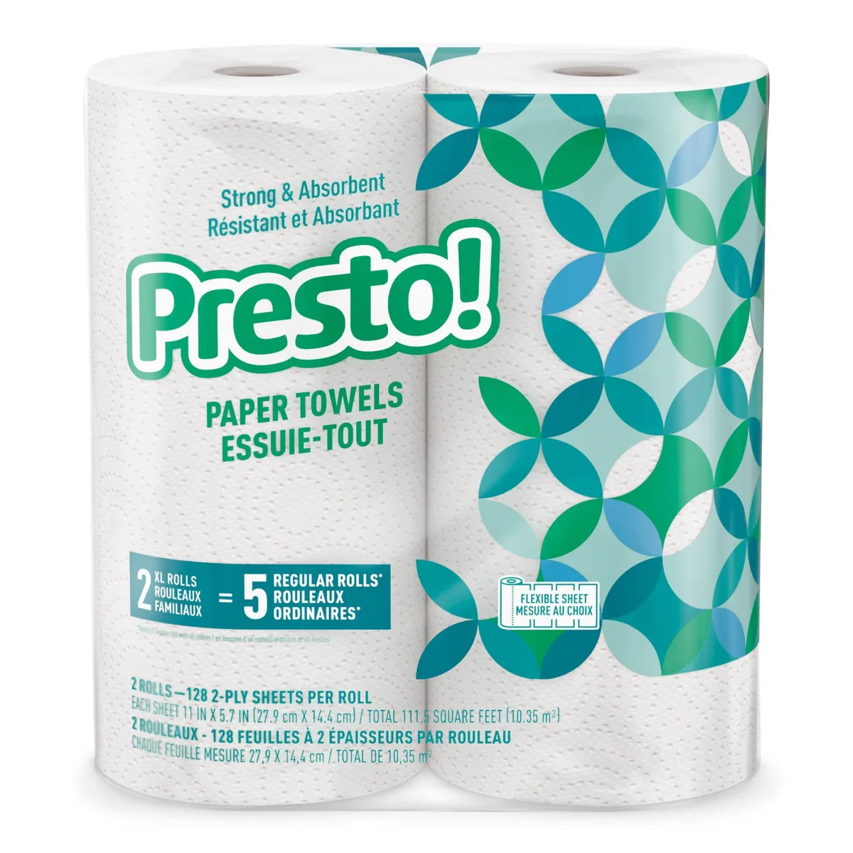 Two white paper towel rolls in plastic packaging