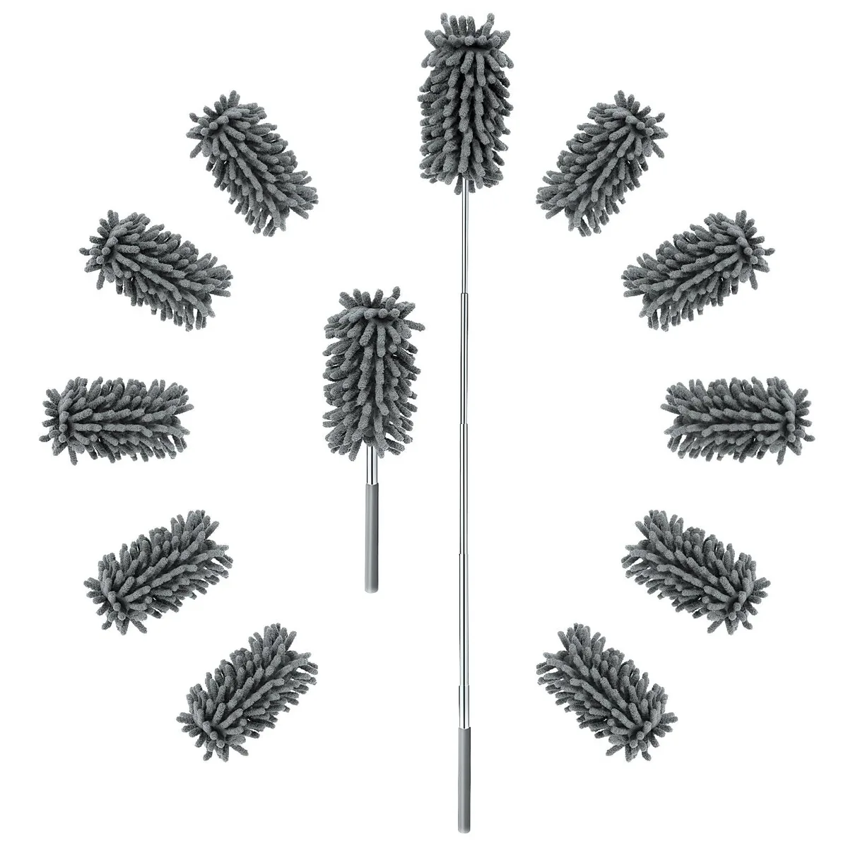 Gray extendable duster kit with 12 microfiber heads and telescoping pole 11 to 30 inches