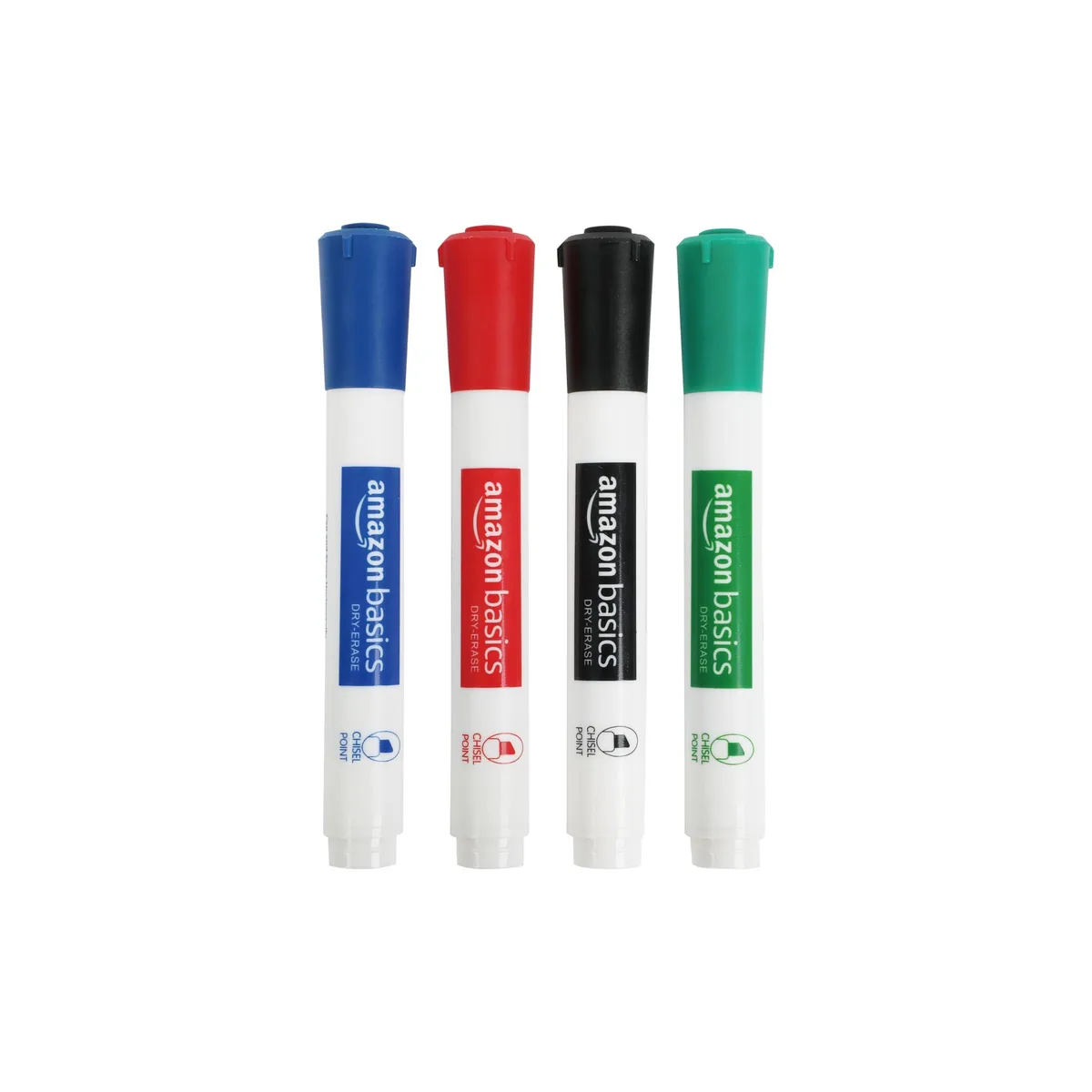 Four chisel-tip whiteboard markers in black, blue, red and green
