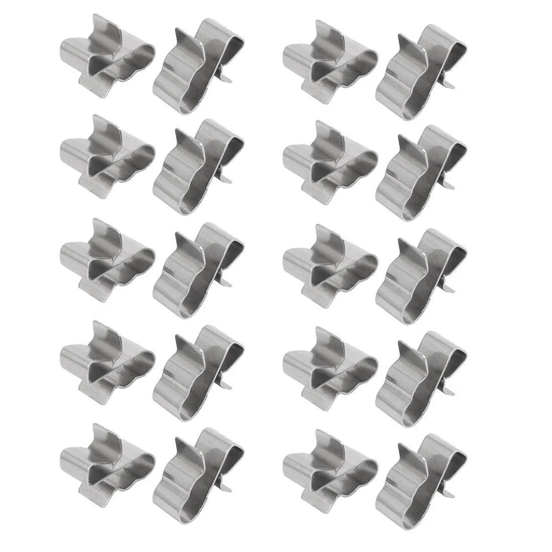 Twenty small silver stainless steel cable clamps arranged together