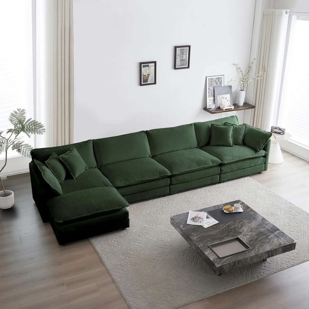Green chenille U-shaped modular sectional with separate ottoman and five cushions