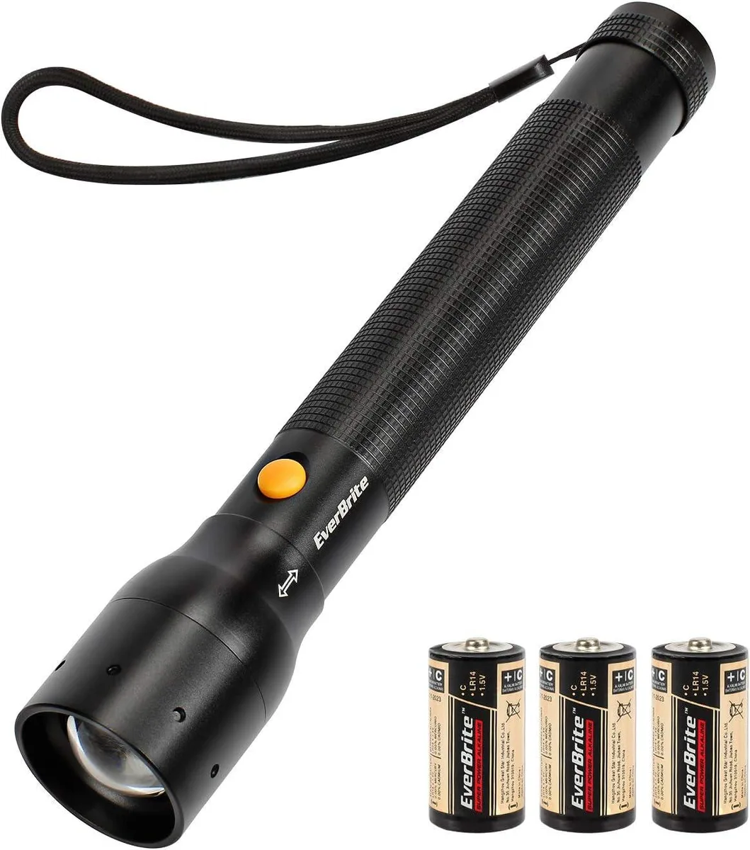 Silver cylindrical aluminum flashlight with textured grip and adjustable zoom head
