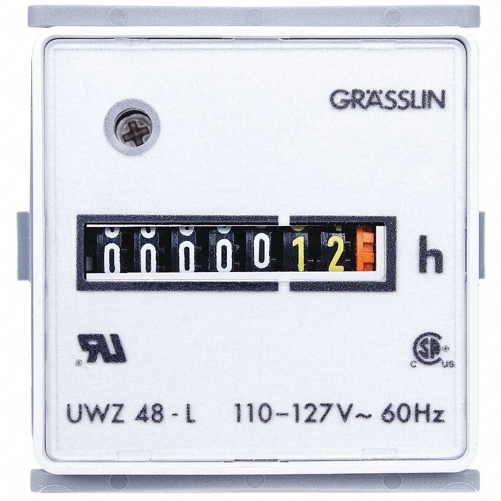Square white plastic hour meter with flush-mount bezel and electromechanical display showing hours and hundredths