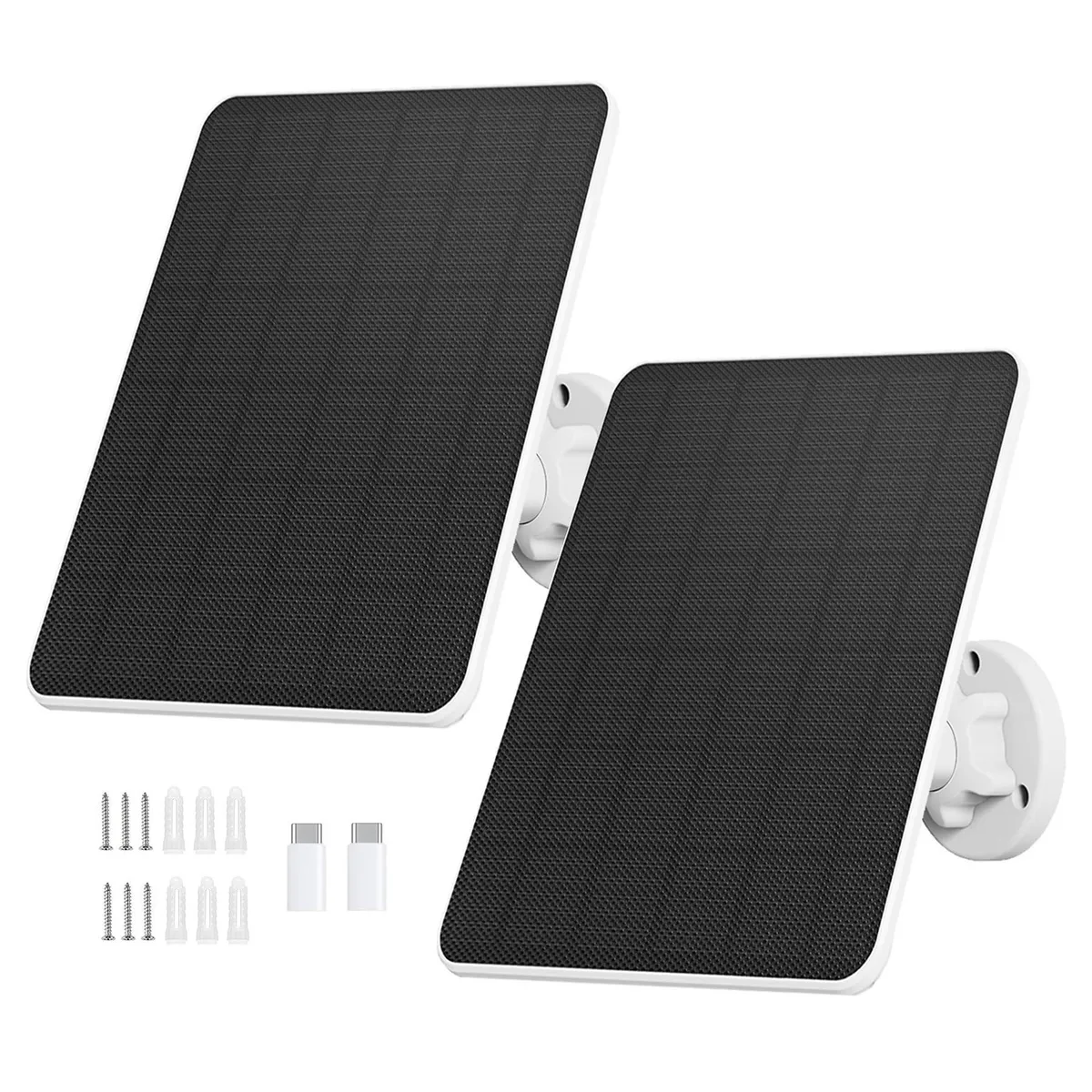 Two rectangular 6 W solar panels with dark cells, silver frames, 360° wall mounts and 3.0 m micro USB cables