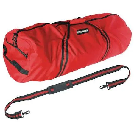 Red 600D polyester duffel bag 36 by 15 by 15 inches with zipper and three pockets