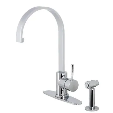 Single-handle kitchen faucet with brass side-sprayer, polished chrome finish