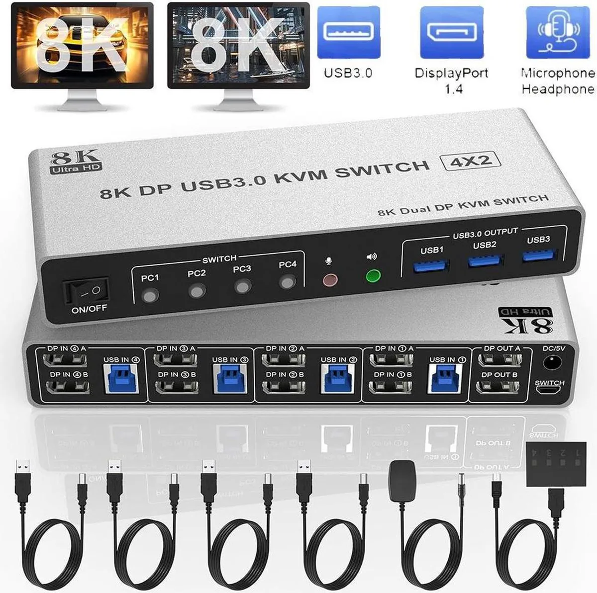 Vszerda Vszerda 4-Port DP 1.4 Dual Monitor KVM Switch 8K@60Hz 4K@144Hz 3×USB 3.0 — product photo