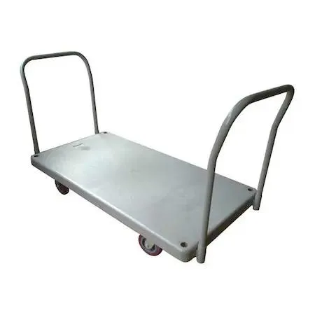 Gray steel platform truck with removable raised handle, smooth plastic deck, four wheels