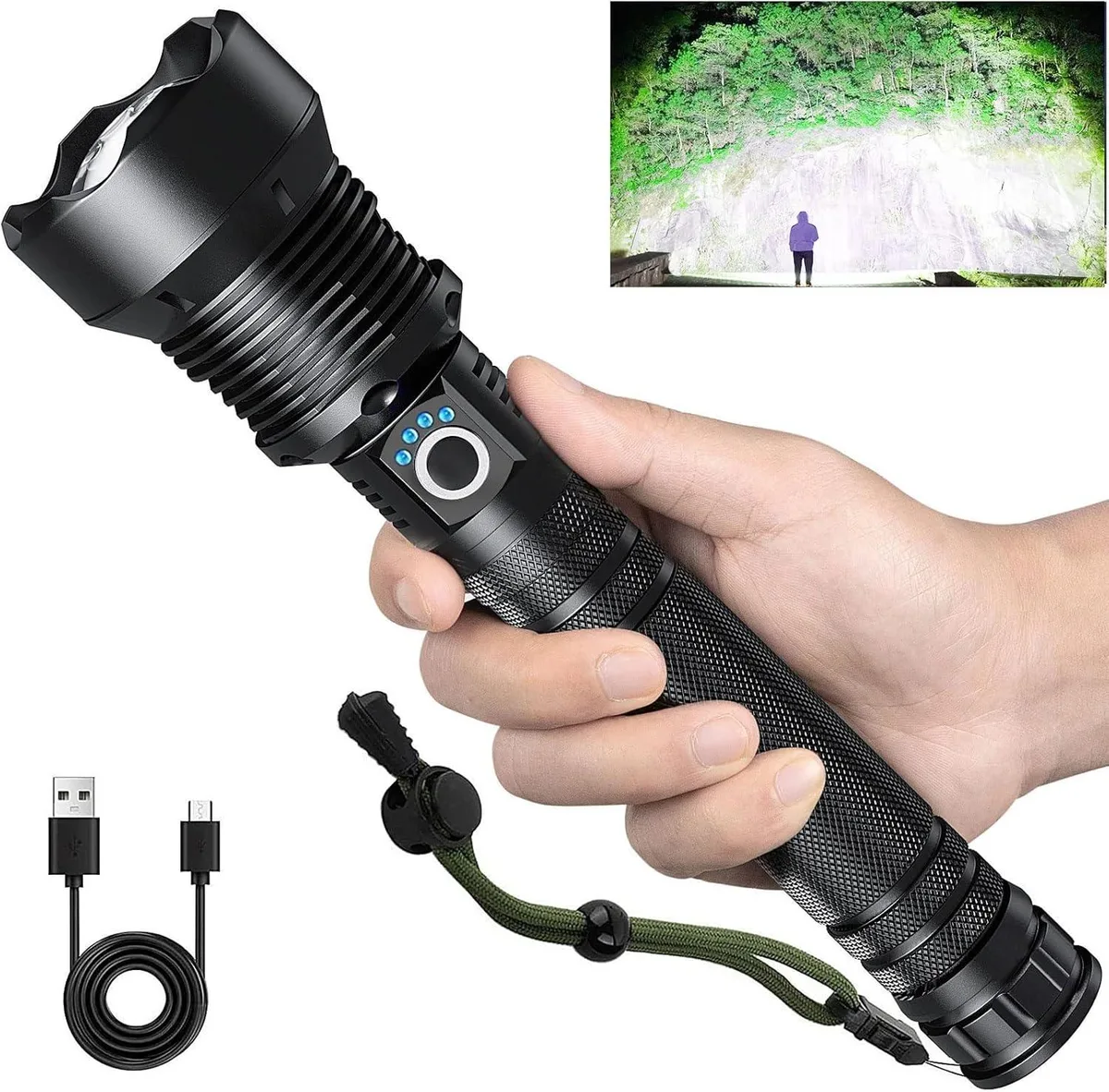 Black cylindrical flashlight with USB-C port and adjustable head