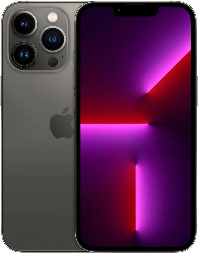 Rectangular graphite smartphone with flat edges and triple rear cameras