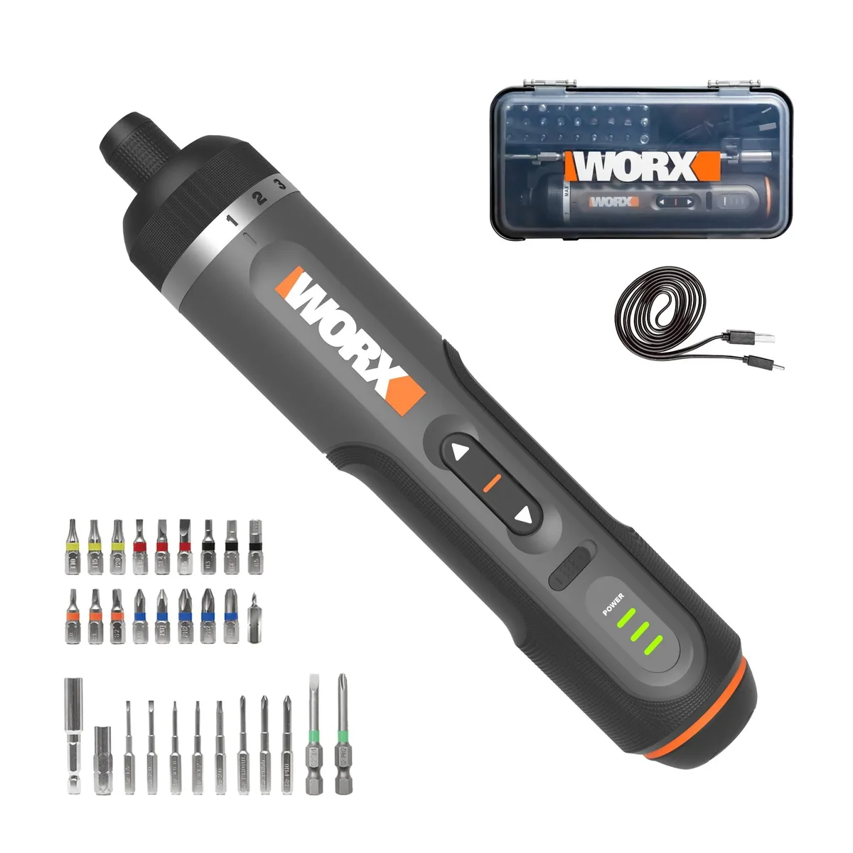 Black and silver cordless screwdriver in 30-piece kit case